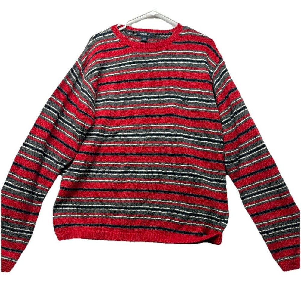 Y2K Nautica Mens L Navy Blue Red Stripe 100% Cotton Crewneck Sweater